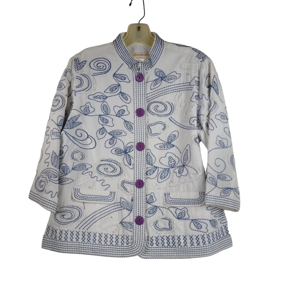 Norm Thompson White Blue Jacket Women's Medium Petite